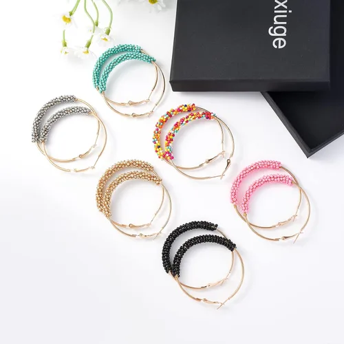 Vista 8 de Jinxiuge Juego de 6 pares de aretes de aro con cuentas para mujer, hechos a mano