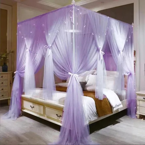Vista 13 de VETHIN - Dosel de cama de 4 esquinas con diseño de princesa, cortina de cama de doble capa con diseño de red acogedora, mosquitero de 4 aberturas