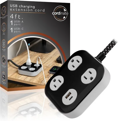 Vista 7 de Cordinate Adapt 78847 - Tira de alimentación de 3 tomas múltiples ampliamente espaciadas, 2 puertos USB, cable de extensión trenzado de 4 pies