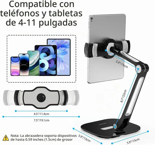 Vista 3 de AboveTEK Soporte para tableta, soporte ajustable para iPad multiángulo, soporte giratorio de 360° para iPad, soporte de escritorio de aluminio