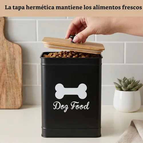 Vista 4 de Contenedor de comida de metal para perros de 5 a 7 libras, 25 tazas con tapa de bambú hermética, mango de metal Negro: Hueso