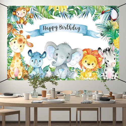 Vista 5 de Renaiss Cartel de feliz cumpleaños de 6 x 3.6 pies, decoración de fiesta infantil de animales salvajes de safari, selva tropical, decoración