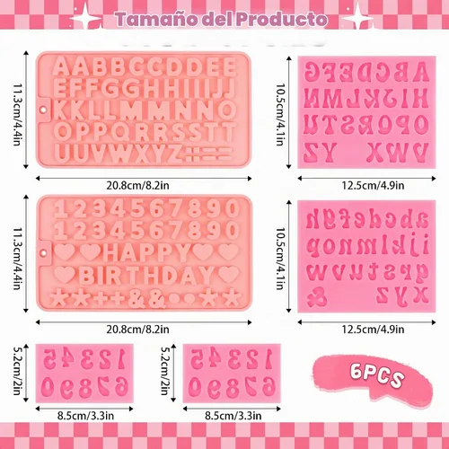 Vista 2 de 6 PIEZAS Moldes de Chocolate, Letras Números Moldes de Chocolate de Silicona Reutilizables Moldes de Dulces del Alfabeto con Feliz Cumpleaños