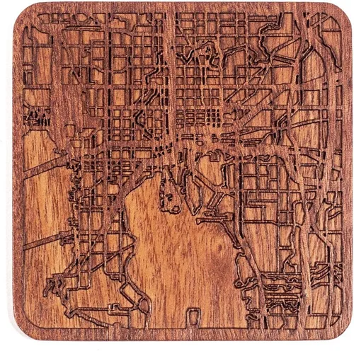 Vista 128 de Posavasos Amsterdam Map by O3 Design Studio, 1 pieza, posavasos de madera Sapele con mapa de la ciudad, hecho a mano, varias ciudades opcionales