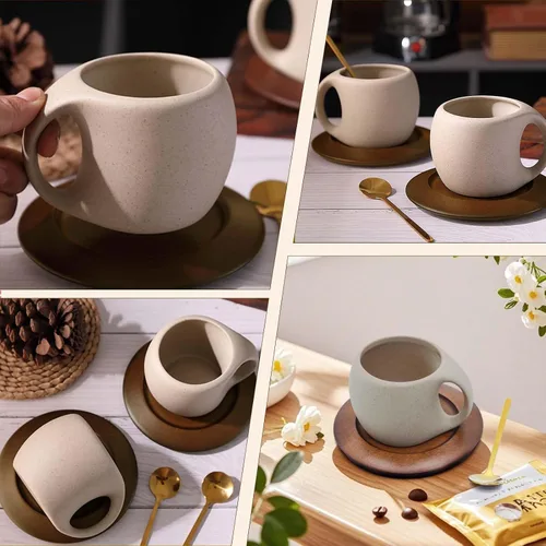 Vista 3 de Taza de café de cerámica con platillo de madera natural y cuchara, 8.5