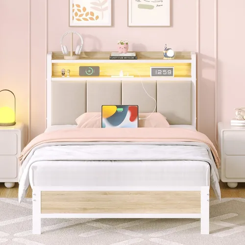 Vista 9 de IMMERSTABLE - Base de cama individual con cabecero de almacenamiento, marco de cama de plataforma metálico individual con luces LED y estación