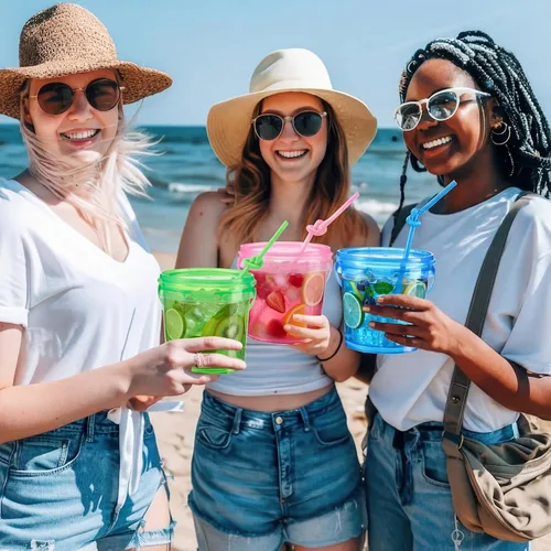 Vista 5 de Funnymoom Paquete de 36 cubos de plástico para ron para bebidas con pajita, cubeta de cóctel para helado, con tapas y asas, recipientes de alimentos