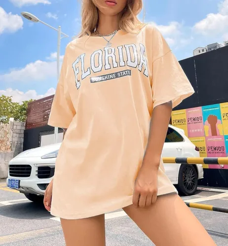 Vista 3 de MISSACTIVER Camiseta con estampado gráfico de letras de Florida para mujer, de manga corta, cuello redondo, hombros caídos, casual, camiseta, Rosado