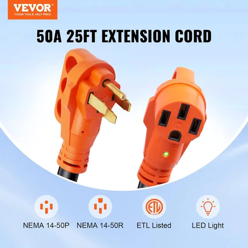 Vista 2 de VEVOR Cable de extensión de 50 amperios para caravana de 25 pies, resistente STW calibre 6/3+8/1, cable de alimentación para RV, conector NEMA