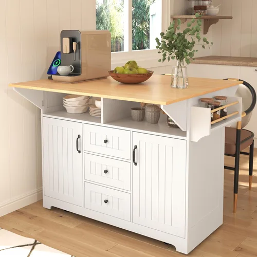 Vista 10 de Modern Rolling Kitchen Island with 2 Drop Leaves Power Outlets, 2 Storage Cabinets with Adjustable Shelf, 3 Drawers, Spice & Towel Rack, 5