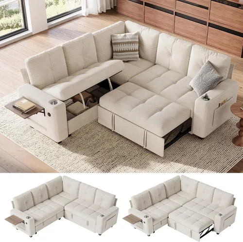 Vista 14 de LINSY HOME Modular Sectional Sofa Bed, Chenille Pull Out Couch 2 Seat Beige