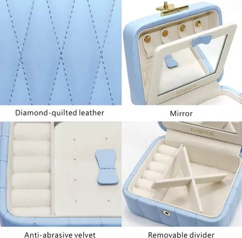 Vista 5 de KAMIER Organizador de joyas de viaje, caja organizadora de joyas de viaje de cuero acolchado con diamante, caja de joyería pequeña para mujer