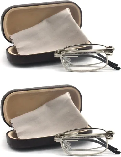Vista 14 de Gafas de lectura plegables de metal rectangulares compactas con estuche de cuero para hombres y mujeres