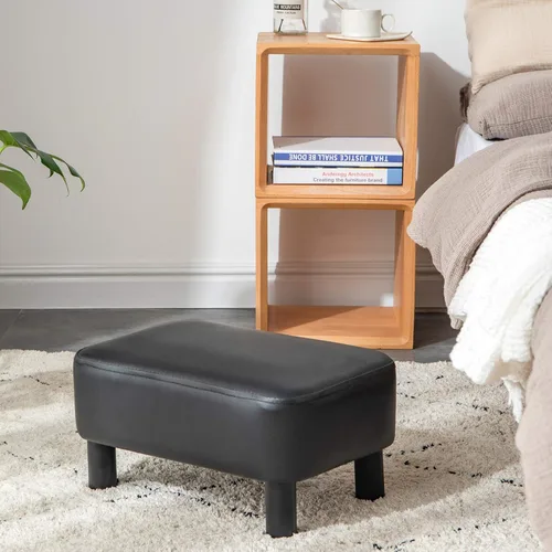Vista 4 de IBUYKE Reposapiés pequeño de 16.54", taburete de escalón de piel sintética PU, con patas de madera de pino y asiento rectangular acolchado