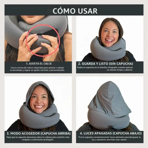 Vista 4 de FlyHugz® 2.0 Almohada de viaje con capucha, versión original 2026, gris.