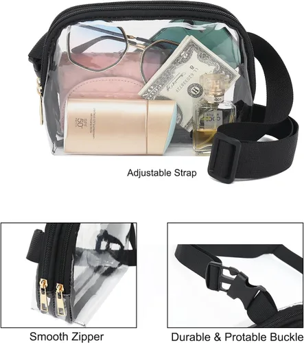 Vista 3 de Riñonera transparente para mujer, impermeable, pequeña, transparente, con correa ajustable, bolsa transparente aprobada para estadios, Negro 3