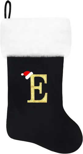 Vista 212 de Calcetines de Navidad bordados de 20 pulgadas con monograma, terciopelo negro con puño de felpa blanca supersuave, adornos clásicos para decoración