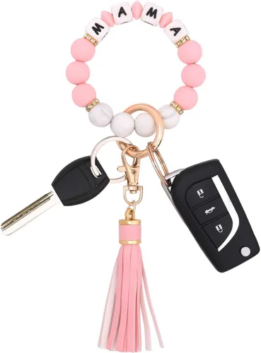 Vista 15 de BAOSIWA Pulsera de cuentas de silicona, llavero de pulsera, cadena para mujer, con borla de cuero Negro