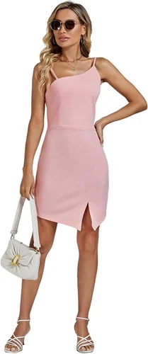 Vista 6 de Umenlele Vestido corto para mujer, con tirantes delgados, abertura lateral, sin mangas, entallado, para cóctel, fiesta