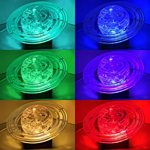 Vista 6 de Rompecabezas de cristal 3D, 40 piezas Saturno Ensamblaje Brain Teaser con base de madera iluminada, bloques de rompecabezas de Saturno de plástico