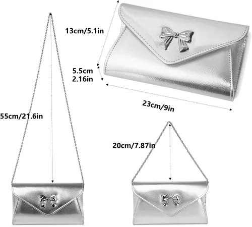Vista 8 de Gurina Bolso de mano de noche con detalle de lazo, elegante bolsa de fiesta de piel sintética brillante con cadena desmontable para boda y baile
