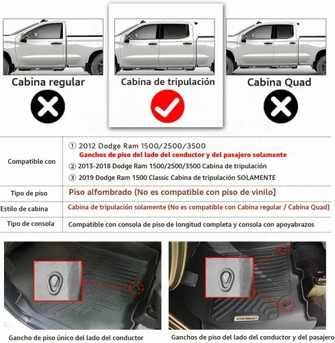 Vista 2 de YITAMOTOR Alfombrillas de Piso Compatibles con Dodge Ram 1500/2500/3500 Crew Cab 2013-2018, Ram 1500 Classic Crew Cab 2019-2024, 1ª y 2ª Fila