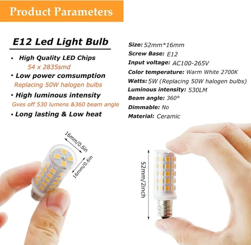 Vista 3 de Bombillas LED E12 C7, equivalente a 5 W equivalentes a bombillas halógenas de 50 W, base de candelabro E12 T4, 2700 K blanco cálido sin parpadeo