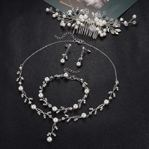 Vista 5 de YADOCA Juego de joyas de novia de perlas para mujer, collar de gota de cristal con diamantes de imitación de perlas para el cabello, pulsera