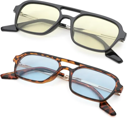 Vista 5 de Hycredi Lentes de sol planos estilo aviador retro de los años 70, gafas cuadradas vintage de moda para mujeres y hombres, diseño de metal, sombras