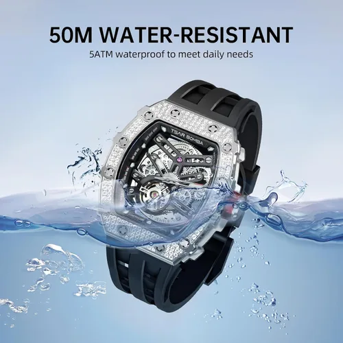 Vista 8 de Tonneau - Reloj automático para hombre, reloj de esqueleto de lujo para hombre, mecánico, resistente al agua, analógico, reloj de pulsera