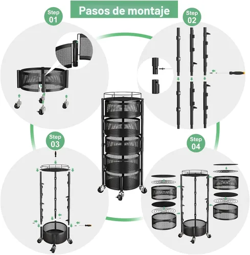 Vista 7 de SAYZH Cesta de frutas y verduras para cocina, estante de almacenamiento giratorio, carrito rodante de 5 niveles con tapa superior, ruedas de alambre