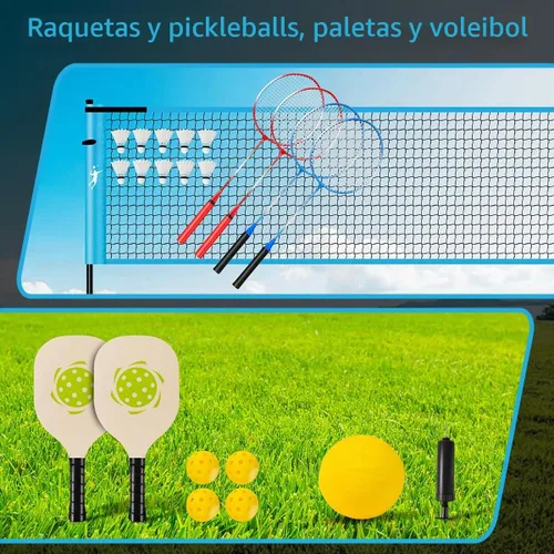Vista 8 de Juego de red de bádminton de pickleball para patios traseros, juego combinado de voleibol portátil todo en uno con red ajustable, palas de voleibol