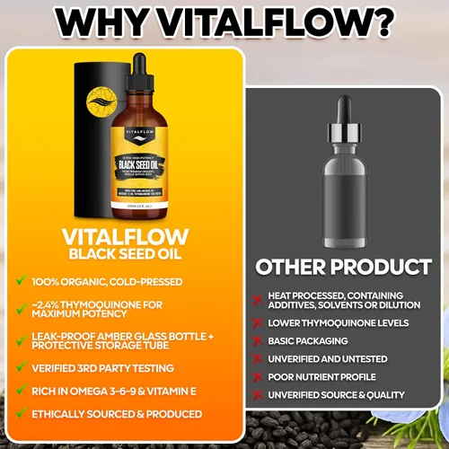 Vista 4 de VITALFLOW Aceite de semilla negra orgánica de 4.1 fl oz 100% puro y natural prensado en frío Contenido de timoquinona ultra alto Para