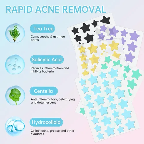 Vista 3 de Parche para espinillas para acné, hidrocoloide absorbente, lindas cubiertas de estrellas para espinillas de estrellas para rostro, parches