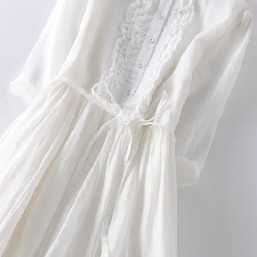 Vista 5 de Gamivast Vestido camisero casual para mujer, con botones, manga 34, elegante, de lino, con cinturón, vestido de graduación blanco, vestido de verano