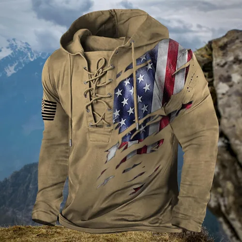 Vista 3 de Bengbobar Sudaderas con Capucha Tácticas Militares para Hombre Retro Desgastadas con Estampado de Bandera Americana Pullover con Cordones Bandera