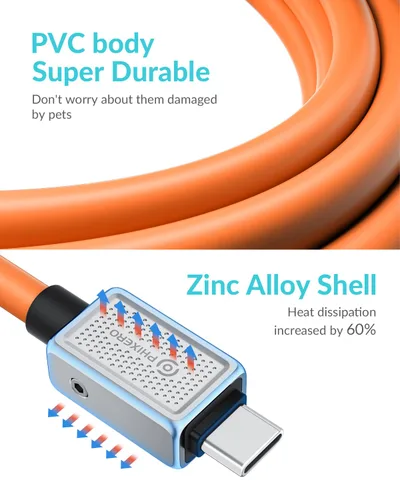Vista 5 de PHIXERO Cable USB C a USB C de 240 W, aleación de zinc, 40 Gbps, 1.6 pies, naranja