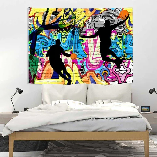 Vista 6 de Ine Ive Tapiz deportivo de baloncesto con graffiti nostálgico, póster de pared de arte callejero de 40 x 30 pulgadas para niños, silueta de tiro