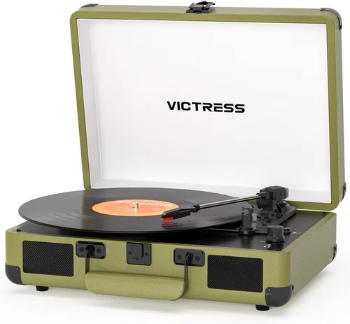 Vista 13 de Tocadiscos de vinilo con entrada y salida Bluetooth, tocadiscos portátil vintage de maleta, tocadiscos LP de 3 velocidades con conversión de vinilo