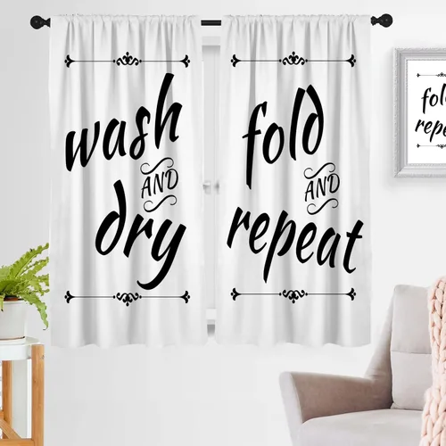 Vista 9 de zokyer Cortinas de cocina en blanco y negro con frases de lavado con palabras impresas en seco, divertidas, simples, pequeñas, cortas, 27.5 pulgadas