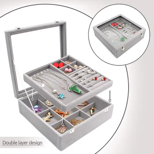 Vista 6 de KLOUD City Joyero con tapa de vidrio Caja de joyería de dos capas Organizador Display Storage Case (gris)