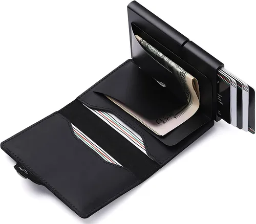 Vista 6 de TNE AirTag - Billetera de cuero genuino para tarjetas de crédito para hombres Bloqueo RFID Mini plegable automático de aluminio con cremallera