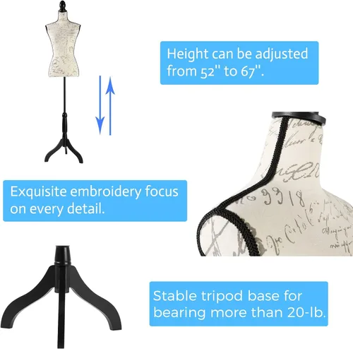 Vista 7 de DRDINGRUI Cuerpo de maniquí femenino de pie, altura ajustable de 52 a 67 pulgadas, forma de vestido pinable con base de trípode para exhibición
