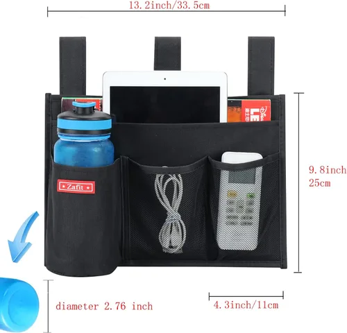 Vista 3 de Zafit Organizador colgante para mesita de noche, organizador de almacenamiento para revistas, teléfono, control remoto (4 bolsillos, negro)