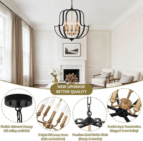 Vista 4 de Lámpara de araña negra y dorada de 19" para comedor, lámparas de araña rústicas de granja de 5 luces, luz colgante industrial moderna para cocina