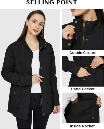 Vista 5 de WenVen Chaqueta militar casual para mujer, de algodón, cuello alto, abrigo anorak