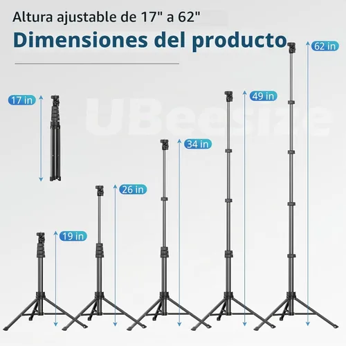Vista 2 de UBeesize Trípode de teléfono de 62 pulgadas y palo para selfies, trípode para cámara con control remoto inalámbrico y soporte para teléfono Negro