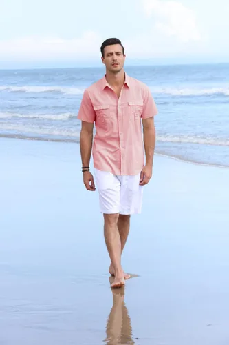 Vista 5 de Pengfei Mens Short Sleeve Shirts Linen Cotton Button Down Tees Spread Collar Plain Shirts A-Grey Large