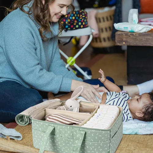 Vista 8 de Organizador de pañales, cesta de bebé para baby shower con tapa, organizador de coche para recién nacidos, artículos esenciales para bebés