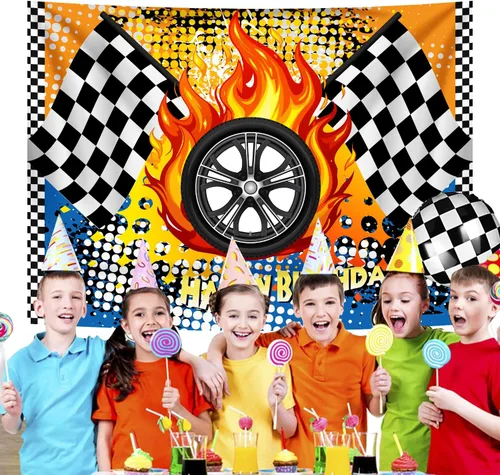 Vista 3 de Telón de fondo de fotos de ruedas de carreras de 5 x 3 pies para decoración de fiestas de cumpleaños infantiles con temática de carreras, carteles